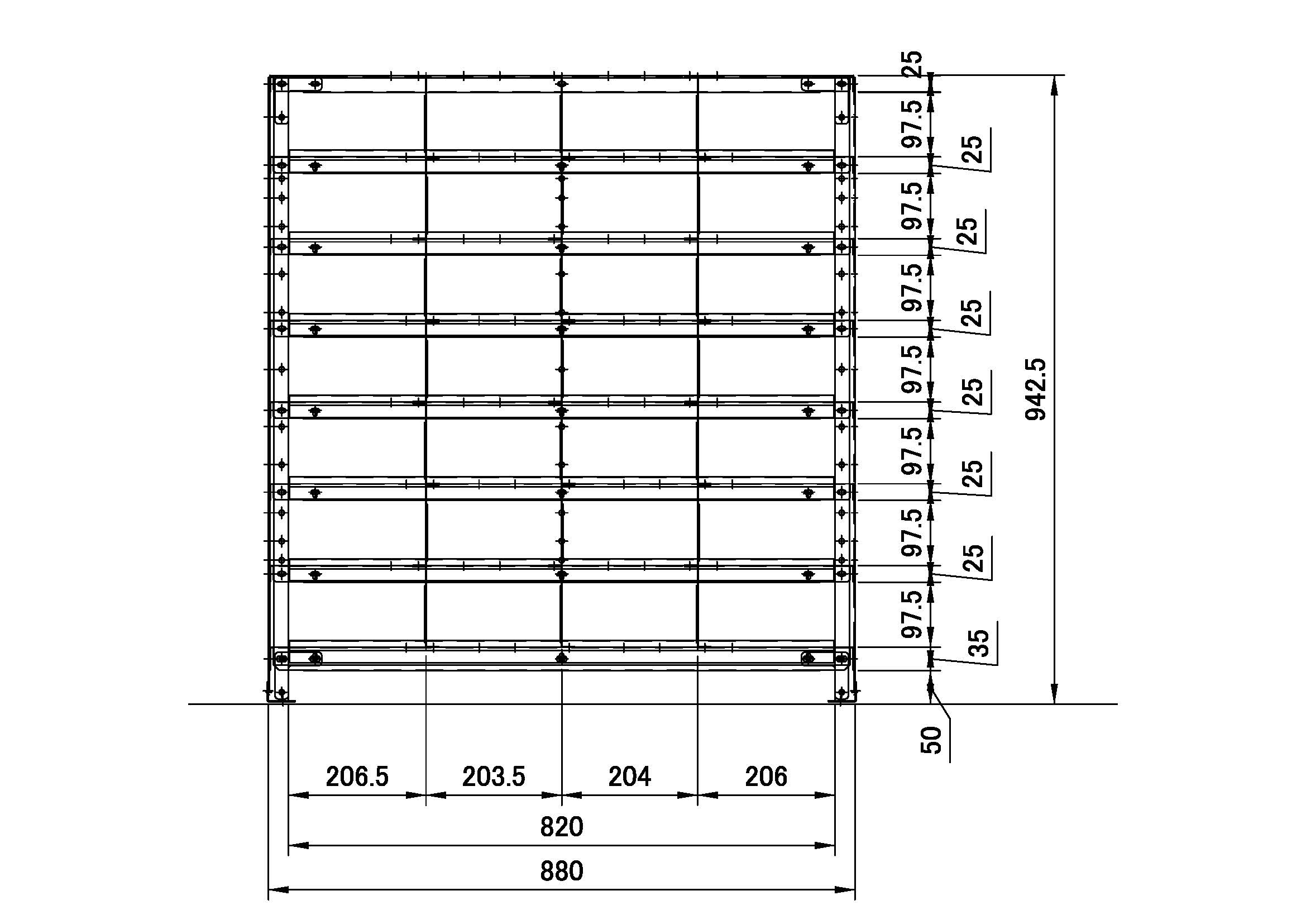 区分棚 横4区画 x 棚板有効7段 高さ940 x 横幅880 x 奥行250