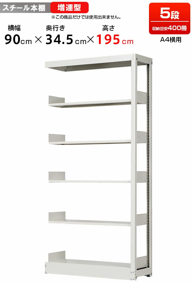 スチールラック 複柱単式書架 A4横用 増連型 高さ1950 x 横幅900 x 奥行350（有効5段）