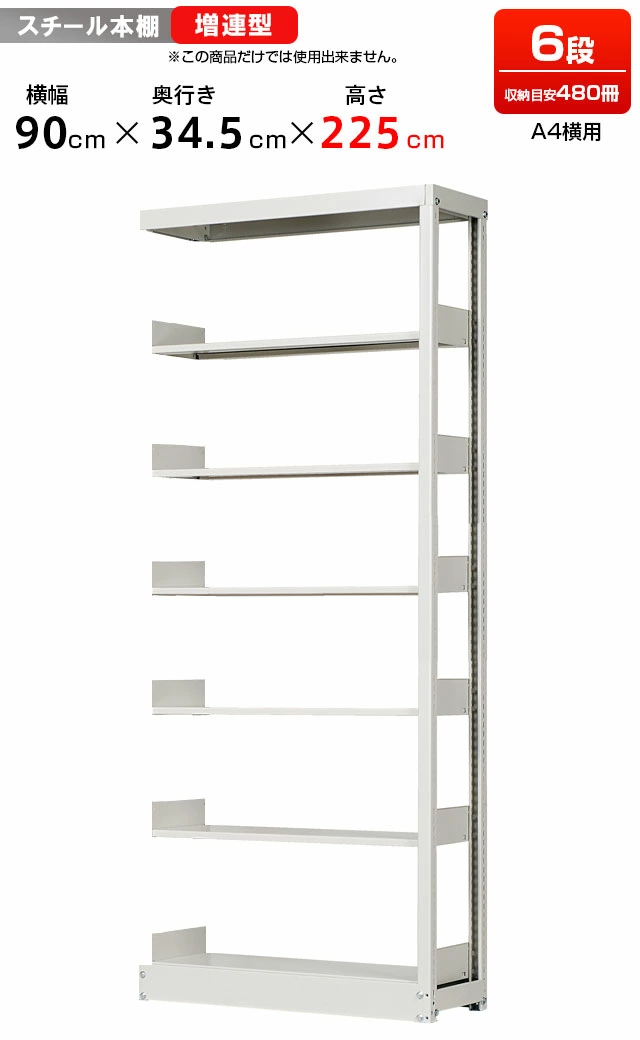スチールラック 複柱単式書架 A4横用 増連型 高さ2250 x 横幅900 x 奥行350（有効6段）