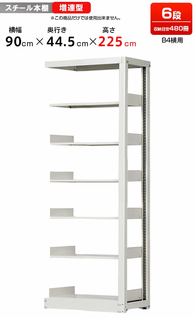 スチールラック 複柱単式書架 B4横用 増連型 高さ2250 x 横幅900 x 奥行450（有効6段）